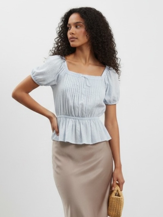 Tops - 1390 • 100%Cotton Dot Weave Horizon Blue Puff Sleeve Defined Waist Pin Tuck Top